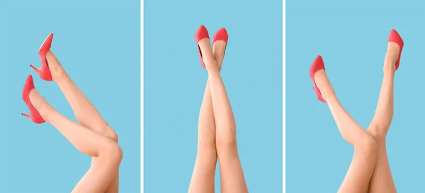 Açık Mavi Arka Planda Pembe Topuklu Genç Kadın Bacakları Kolajı — Stok fotoğraf
