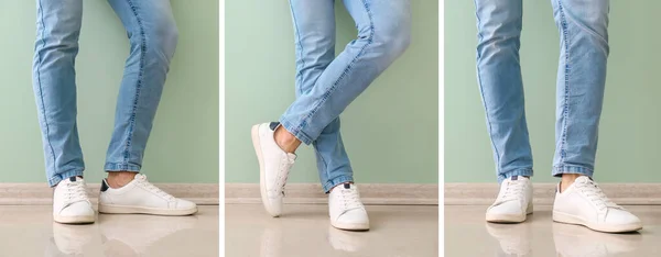 Колаж Ніг Молодого Чоловіка Джинсових Штанях Стильне Взуття Біля Кольорової — стокове фото