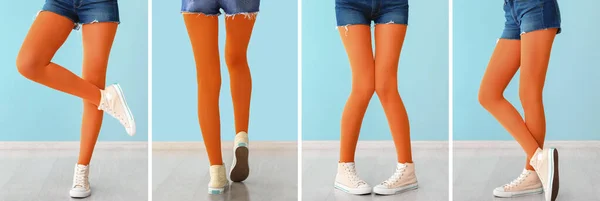 Коллаж Ног Молодой Женщины Оранжевых Колготках Резиновых Туфлях Возле Светло — стоковое фото