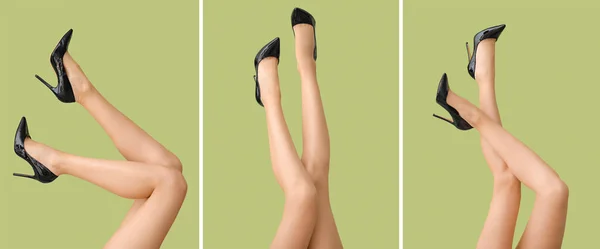 Collage Junger Frauenbeine Schwarzen High Heels Auf Olivem Hintergrund — Stockfoto