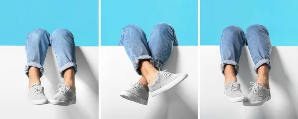 Colagem Pernas Jovem Calças Jeans Sapatos Elegantes Cartaz Fundo Azul — Fotografia de Stock