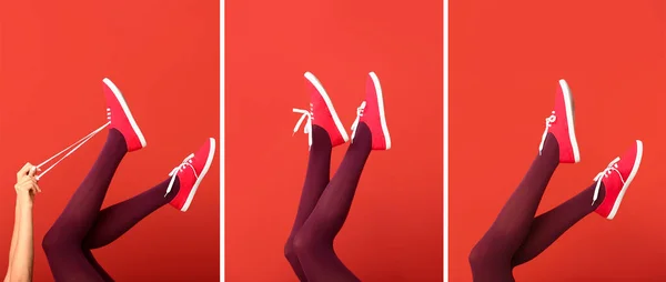 Collage Junger Frauenbeine Strumpfhosen Und Gummischuhen Auf Rotem Hintergrund — Stockfoto