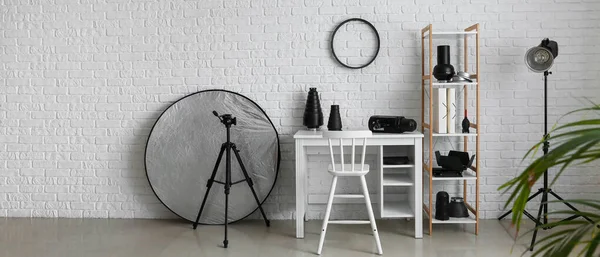 Workplace Shelf Unit Different Equipment Photographer Modern Studio — Stock Photo, Image