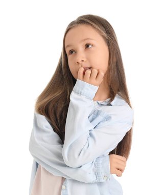Little girl biting nails on white background