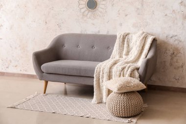 Gri kanepeli, puf ve aynalı aydınlık oturma odasının içi.