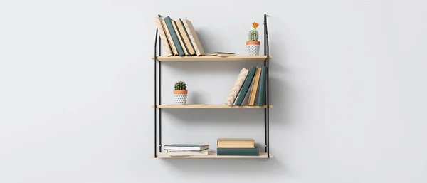 Modern Shelves Books Cacti Hanging Light Wall — Stock Photo, Image