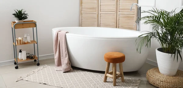 Bañera Moderna Con Cosméticos Planta Interior Ligera — Foto de Stock