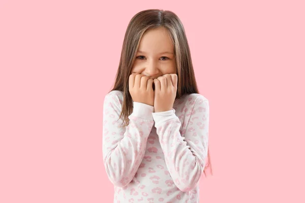 Little Girl Biting Nails Pink Background — Fotografie, imagine de stoc