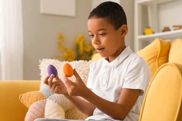 Little African American Boy Painted Easter Eggs Home — Stock Photo, Image