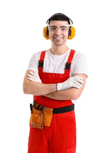 Young Carpenter Hearing Protectors White Background — Stock Photo, Image