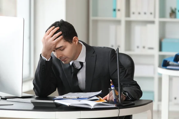 Tired Young Accountant Working Table Office — Stock Photo, Image