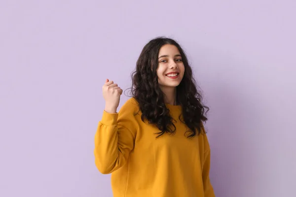 Teenage Girl Yellow Sweatshirt Showing Fist Lilac Background — Stock Photo, Image