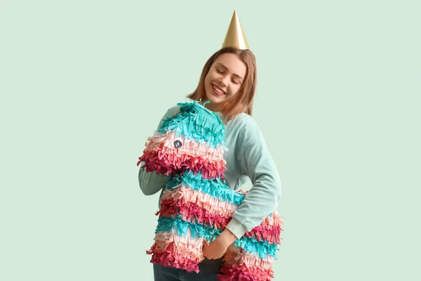 Young Woman Party Hat Mexican Pinata Green Background — Stock Photo, Image