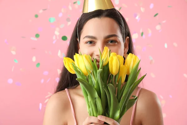 Happy Young Woman Tulips Celebrating Birthday Pink Background Closeup — Stock Photo, Image