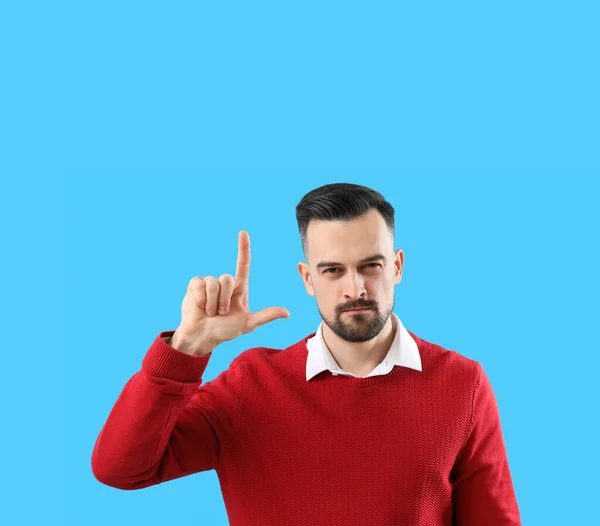 Handsome Man Showing Loser Gesture Blue Background Closeup — Stock Photo, Image