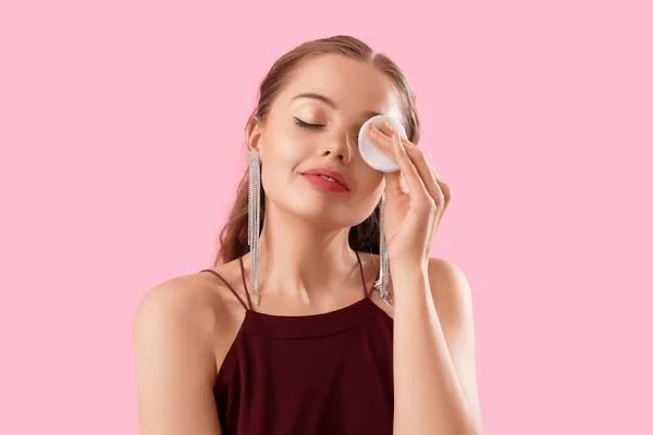 Young Woman Removing Makeup Cotton Pad Pink Background Closeup — Stock Photo, Image