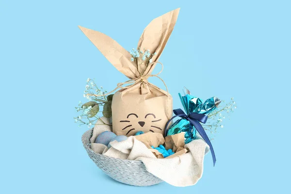 Basket Easter Bunny Gift Bag Blue Background — Stock Photo, Image