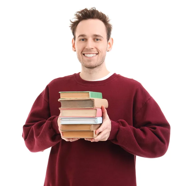 Young Man Stack Books White Background — Stock Photo, Image