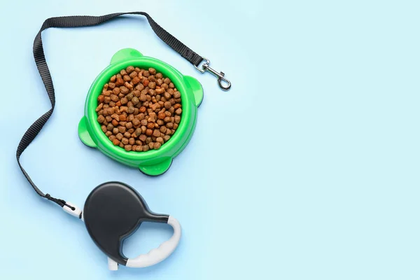 Bowl Dry Pet Food Leash Color Background — Stock Photo, Image