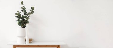 Okaliptüs dallı vazo, yanan mum ve ışık duvarının yanındaki masada kitaplar. Tasarım için pankart