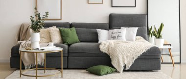 lşık duvarının yanındaki gri kanepeli oturma odasının içinde.