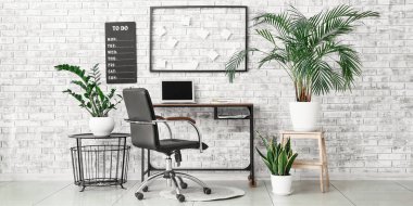 Dizüstü bilgisayarı olan şık bir iş yeri ve ofisteki ev bitkileri