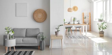 Gri kanepesi ve yemek odası olan modern stüdyo dairesi.