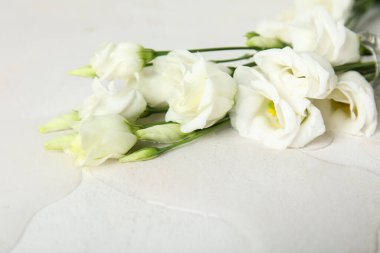 Mutluluk çiçekleri ile ters çevrilmiş vazo ve ışık arka planına dökülen su, yakın plan.