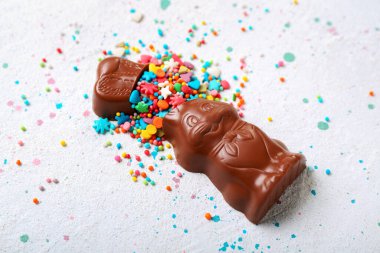 Beyaz arka planda çikolata parçacıkları olan Paskalya tavşanı.