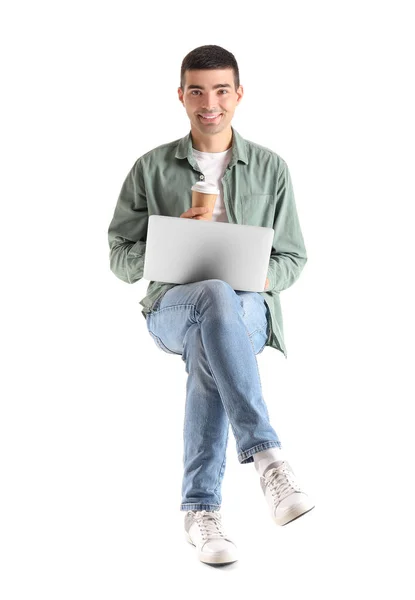 Young Guy Cup Coffee Using Laptop Chair White Background — Stock Photo, Image