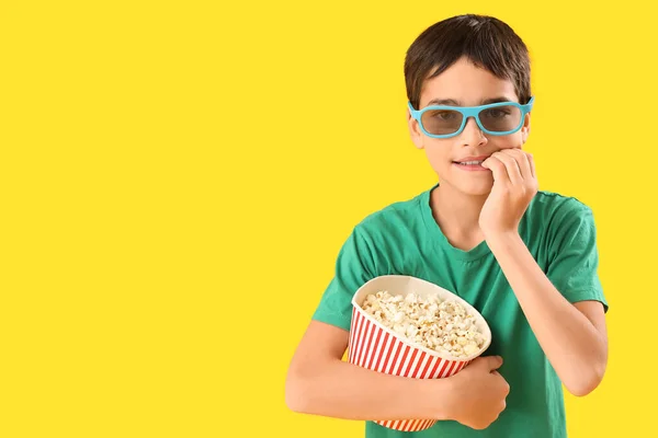Little Boy Glasses Popcorn Biting Nails Yellow Background — Stock Photo, Image