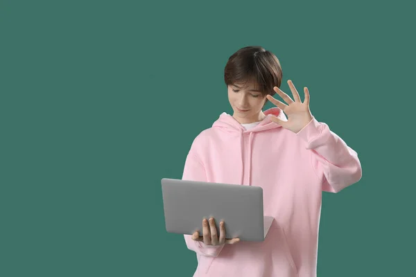 Teenage Boy Laptop Video Chatting Green Background — Stock Photo, Image