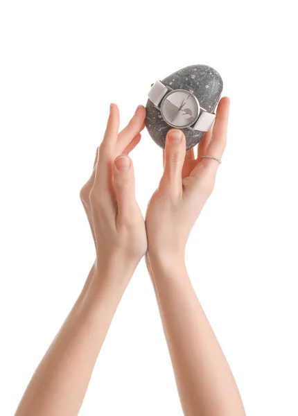 Γυναίκα Πέτρα Spa Και Κομψό Ρολόι Χειρός Λευκό Φόντο — Φωτογραφία Αρχείου