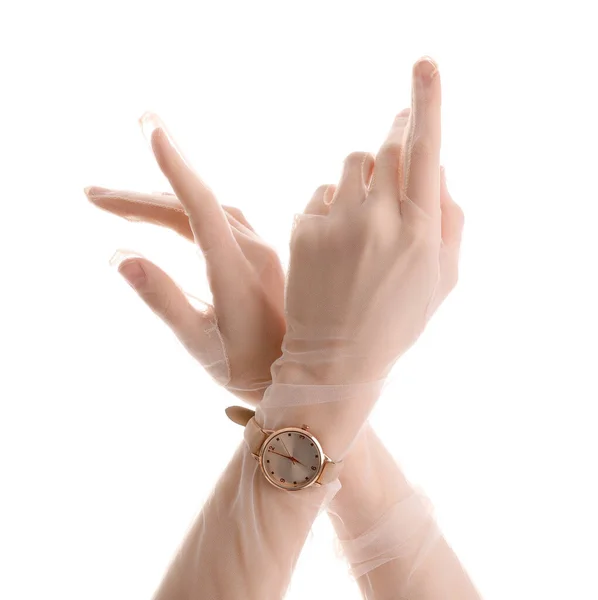 Woman Gloves Golden Wristwatch White Background — Stock Photo, Image