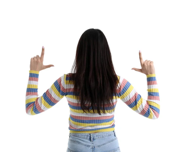Young Woman Showing Loser Gesture White Background Back View — Stock Photo, Image