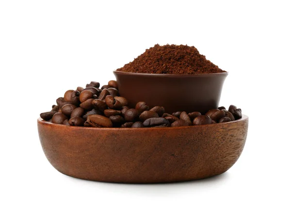Bowls Coffee Powder Beans Isolated White Background — Stock Photo, Image