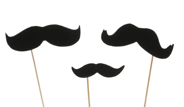 Lot Moustaches Papier Noir Sur Bâtonnets Sur Fond Blanc Gros — Photo