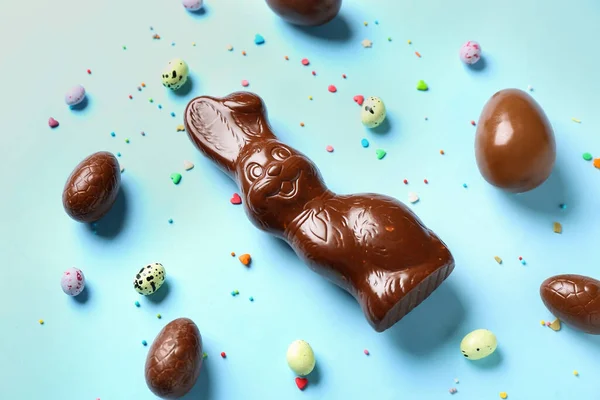 Chocolate Easter Bunny Eggs Sprinkles Blue Background — Stock Photo, Image