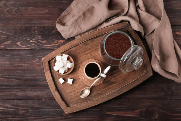 Board Coffee Cup Jar Powder Sugar Dark Wooden Background — Stock Photo, Image