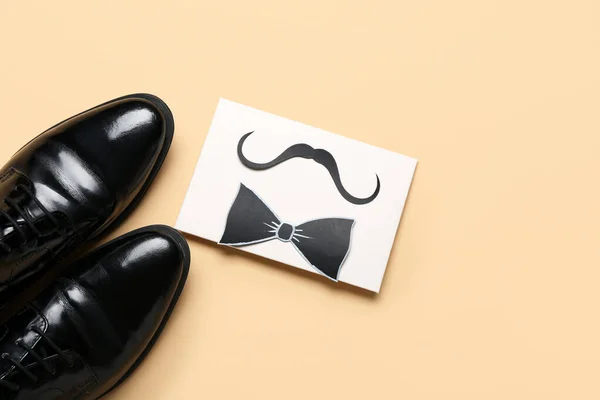 Paper Mustache Bow Shoes Beige Background Father Day Celebration — Stock Photo, Image