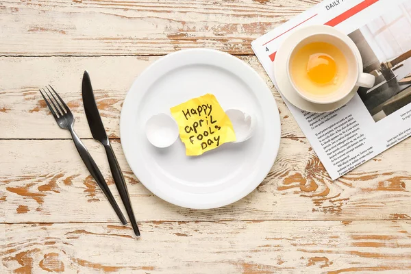 Paper Text Happy April Fools Day Table Setting Newspaper White — Stock Photo, Image