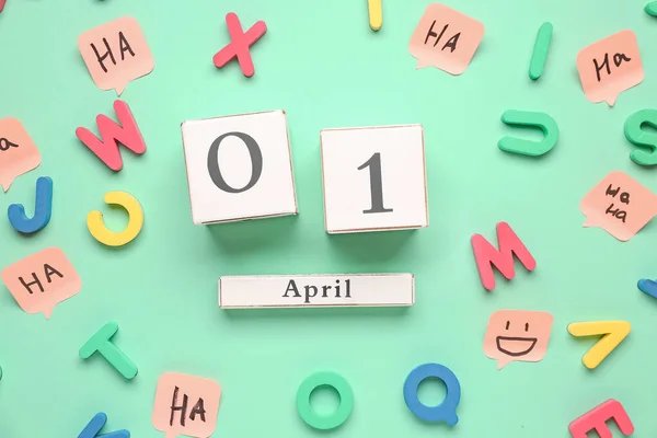 Date April Fool Day Letters Sticky Papers Color Background — Stock Photo, Image