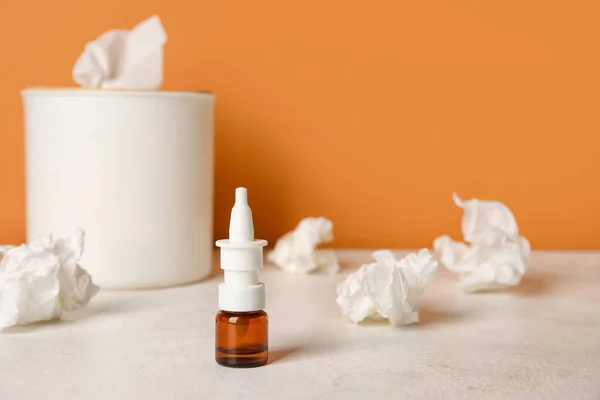 Nasal Drops Tissue Box Table Orange Wall Closeup Allergy Concept — Stock Photo, Image