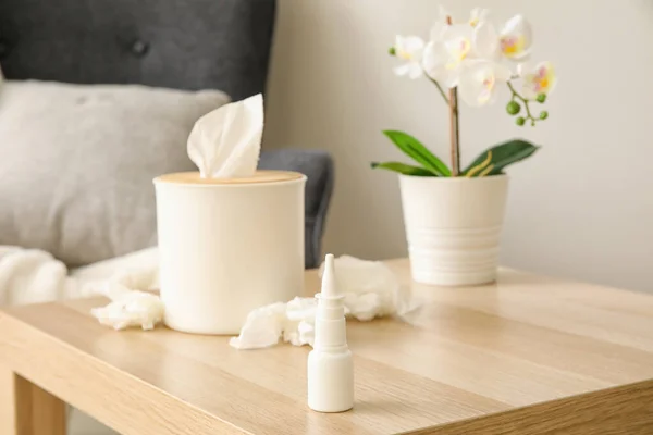 Nasal Drops Tissue Box Table Living Room Closeup Allergy Concept — Stock Photo, Image