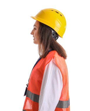Female worker in vest and hardhat on white background