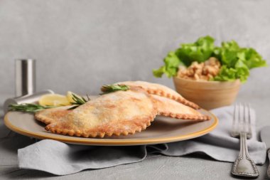 Grunge arka planında pişmiş et böreği tabağı