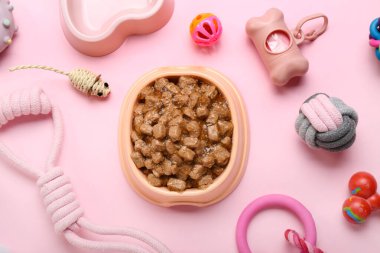 Farklı hayvan bakım aksesuarlarıyla kompozisyon ve pembe arka planda ıslak yemek.