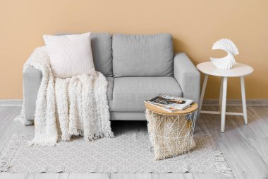 Yastıklı, dergi ve dekoratif figürlü rahat gri kanepe bej duvarın yanındaki masada.