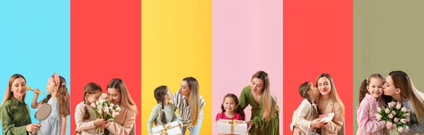 Коллаж Счастливой Женщины Очаровательной Маленькой Дочери Цветном Фоне Днем Матери — стоковое фото