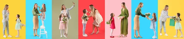 Коллекция Счастливой Женщины Очаровательной Маленькой Дочери Цветном Фоне Днем Матери — стоковое фото